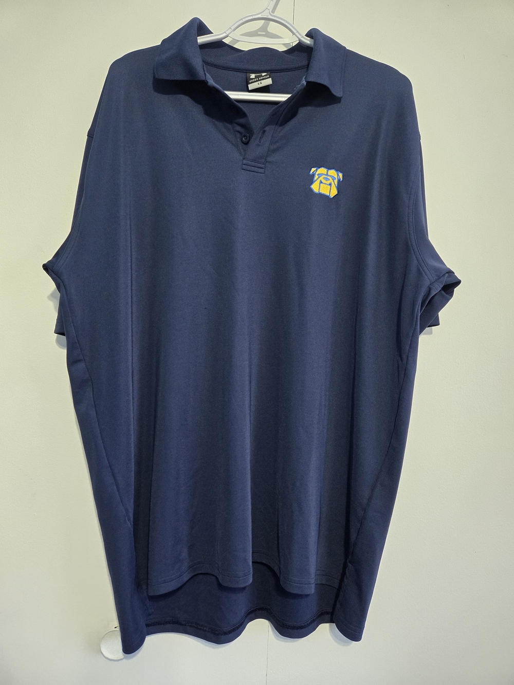 Under Armour Navy Polo Shirt LG Bulldog Logo Performance Stretch Golf Casual